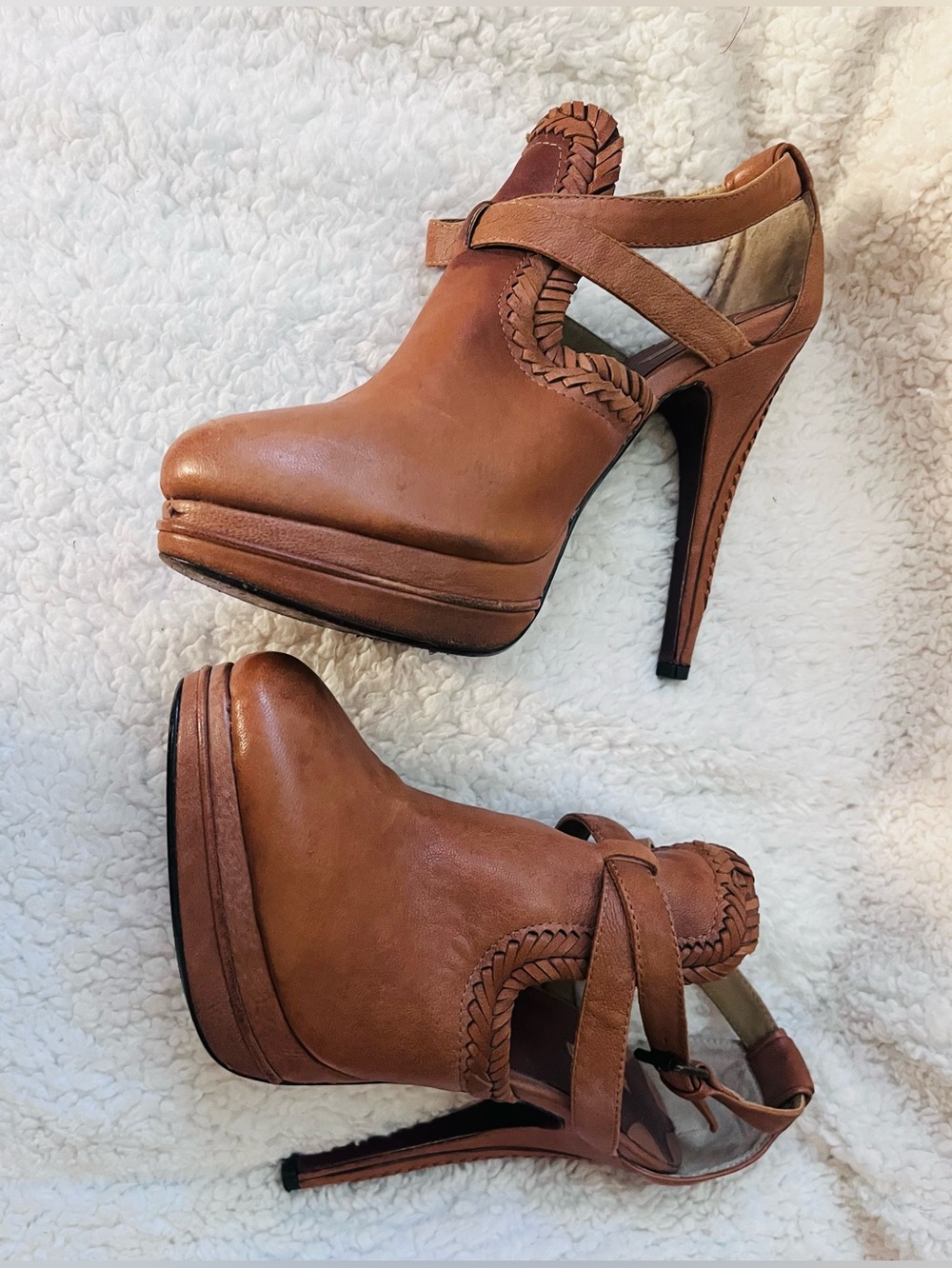 90s Y2K Platform Stiletto Heels 10 Leather Boho Booties Vintage Brown MaxStudio